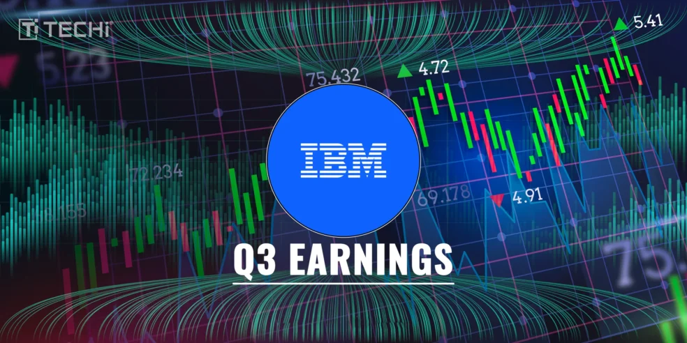 IBM logo on a background of stock market charts with green and red financial indicators, showcasing Q3 earnings results.