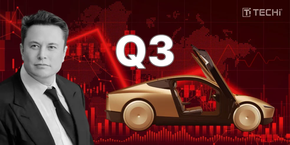 Elon Musk in front of a stock market chart with a downward trend, a futuristic Tesla car, and the text "Q3" symbolizing Tesla's third-quarter earnings report.