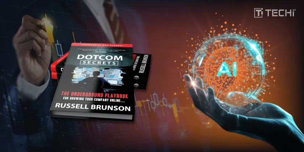 Dotcom Secrets book by Russell Brunson with a futuristic AI visual representing investor strategies.