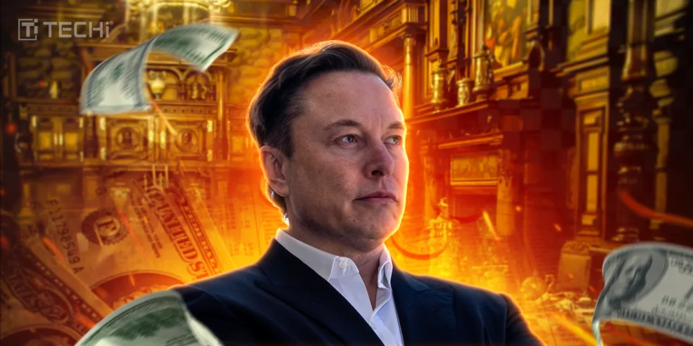 Elon Musk with flying money, symbolizing his $500 billion net worth milestone.