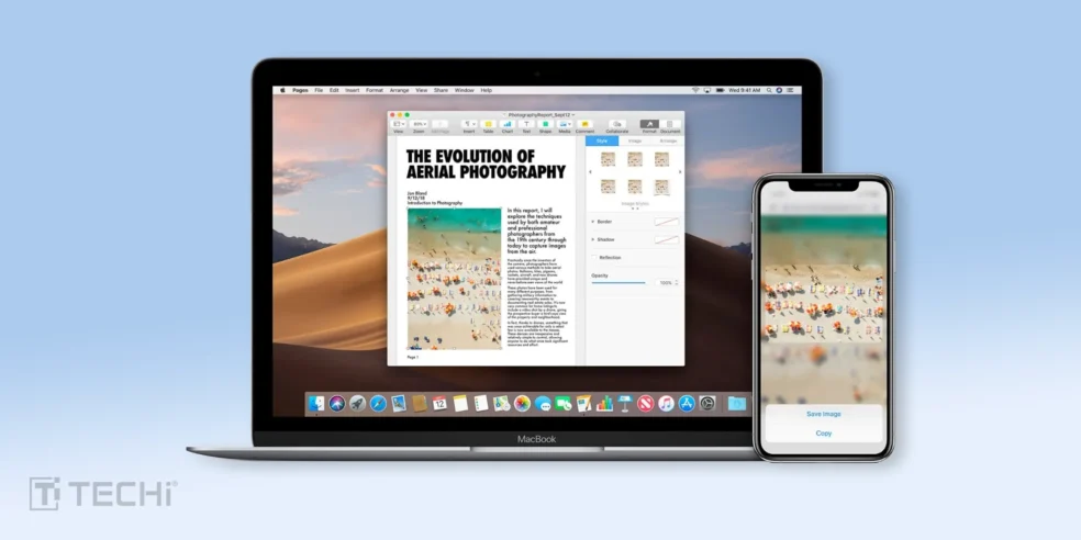 A MacBook and iPhone showing the transfer of an image from the Pages app on the MacBook to the iPhone, with options to "Save Image" or "Copy" visible on the phone's screen. The document on the MacBook is titled "The Evolution of Aerial Photography."



A diagram illustrating resource management, showing the difference between "Original use" and "Reuse after release." It highlights how stale requests are blocked when a resource is reused, ensuring only valid requests are processed.