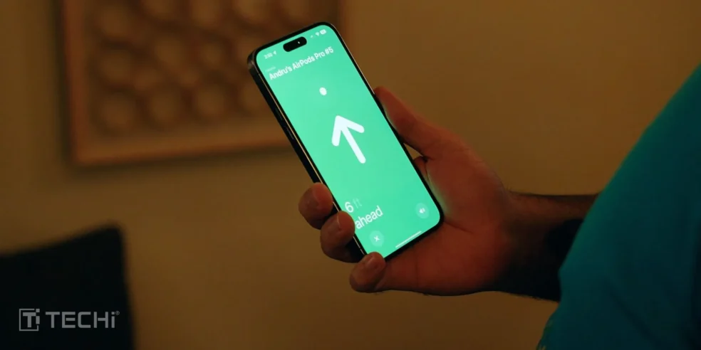 A person holding an iPhone displaying the "Find My" app, showing the location and direction for locating lost AirPods Pro 3 with the help of the U2 chip.



