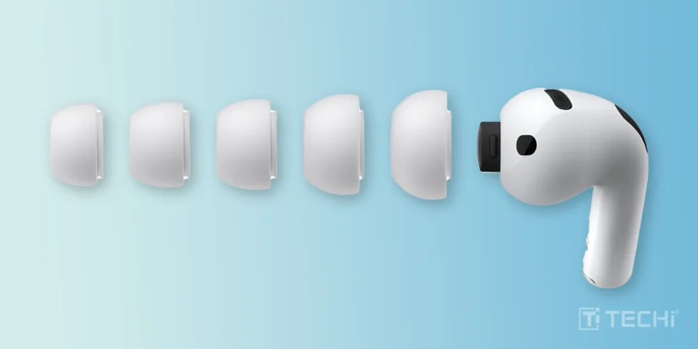 AirPods Pro 3 Vs AirPods Pro 2: What's Changed and What's the Same 2 AirPods Pro 3 with foam-infused ear tips displayed alongside various sizes of ear tips for a customizable fit, showcasing the improved design for better stability and comfort.