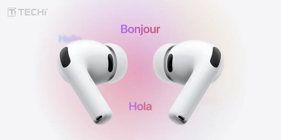 AirPods Pro 3 Vs AirPods Pro 2: What's Changed and What's the Same 6 AirPods Pro 3 with live translation feature, displaying the words "Hola" and "Bonjour" in different languages, highlighting the multilingual capability of the earbuds.