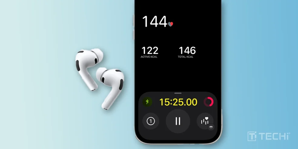 AirPods Pro 3 Vs AirPods Pro 2: What's Changed and What's the Same 5 AirPods Pro 3 displayed alongside an iPhone screen showing heart rate and activity data, highlighting the fitness tracking features of the earbuds.