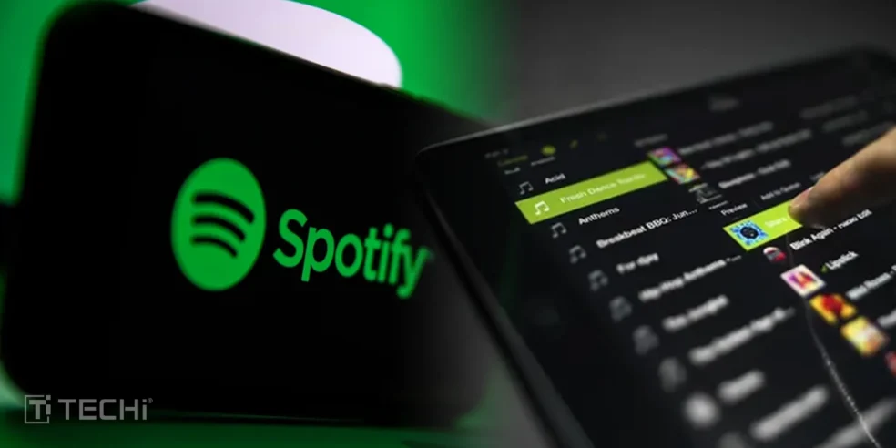 Image showing the Spotify logo and a close-up of the Spotify app interface, symbolizing Spotify's partnership with multinational music companies to develop ethical AI products.