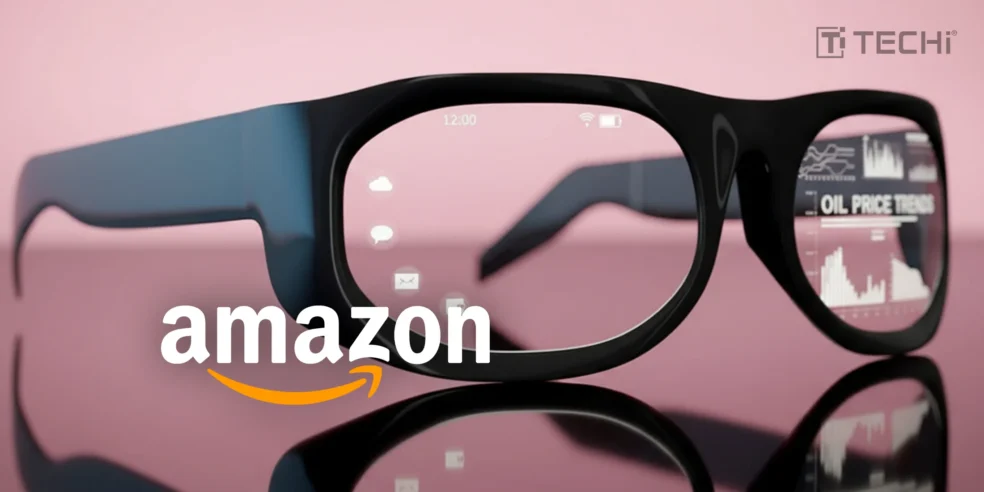 Close-up image of Amazon's AI-powered smart glasses, showcasing a display with oil price trends and notifications, highlighting the advanced technology in the lenses.