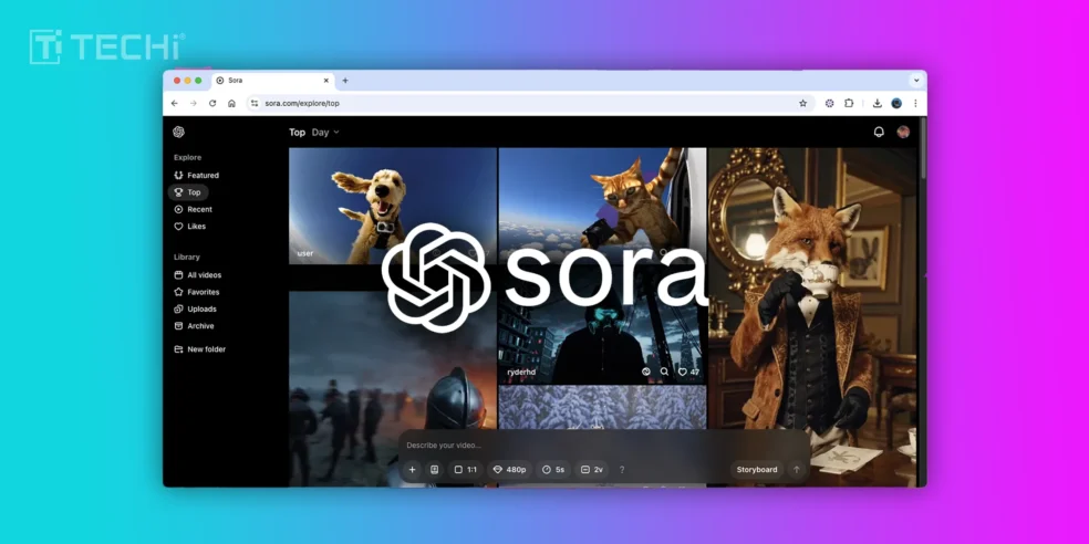 Sora AI video app showing various AI-generated characters including a dog, cat, and a fox.