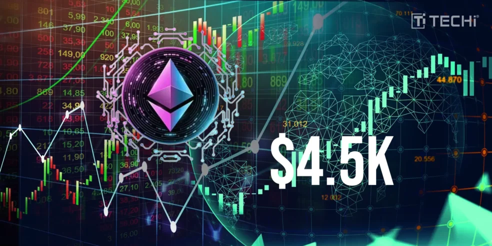 Ethereum price analysis showing rejection at $4,500 resistance with a chart and Ethereum logo.