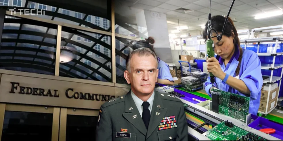 FCC headquarters and a Chinese electronics factory with a military official representing national security.