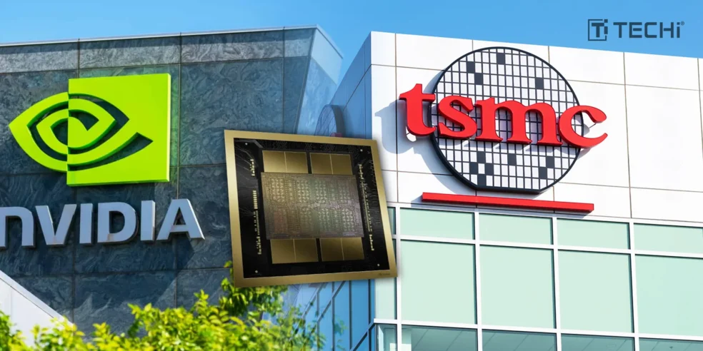 Logos of Nvidia and TSMC with a Blackwell chip wafer in the center, symbolizing their U.S.-based semiconductor manufacturing partnership.