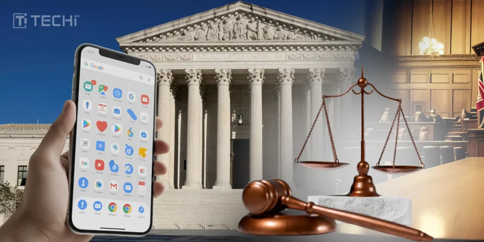 A person holding a phone with the Google app, in front of the US Supreme Court and a gavel, symbolizing legal action against Google.