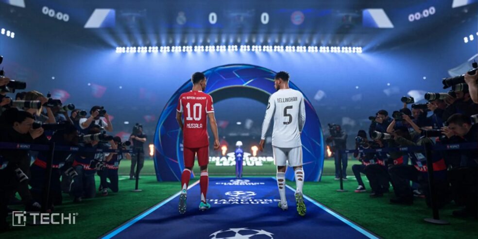 Two football players, Musiala and Bellingham, walk through the Champions League tunnel, with photographers capturing the moment.