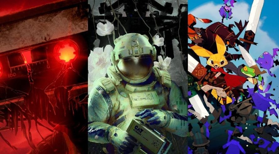 An image showcasing three different game visuals: on the left, a dark, eerie scene with glowing red lights, possibly from a horror or thriller game; in the center, an astronaut in a futuristic, sci-fi environment holding a device; on the right, a vibrant and dynamic scene featuring colorful characters, likely from an action-adventure or fantasy game, with characters engaged in battle or movement.



