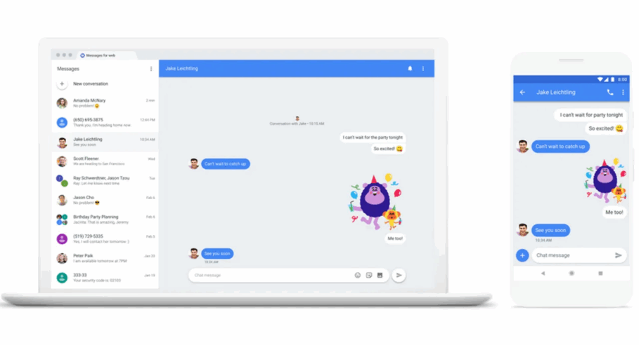 A screenshot showing Google’s RCS messaging interface on both a laptop and a smartphone, with a conversation displaying colorful emojis and a chat between two people.