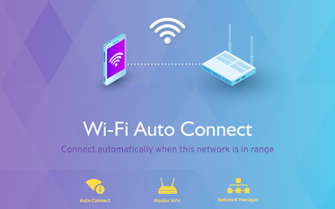 Google Fi Bets on AI Audio and RCS to Challenge Major Carriers 3 An illustration of Wi-Fi Auto Connect feature showing a phone and a router with a wireless signal, accompanied by icons for Auto Connect, Router Info, and Network Manager. The text emphasizes the automatic connection to the network when it's in range.