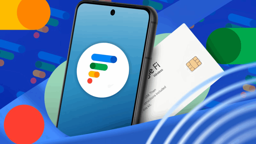 Google Fi Bets on AI Audio and RCS to Challenge Major Carriers 4 A promotional image showing a Google Fi logo on a smartphone screen, with a Google Fi SIM card in the background. The design incorporates colorful abstract shapes and emphasizes Google Fi’s wireless service offering.