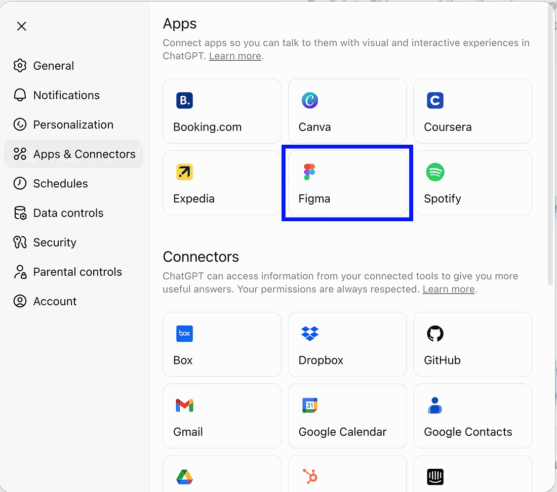 Screenshot showing the Apps & Connectors section in ChatGPT settings, with integrations for Figma, Canva, Spotify, Booking.com, Expedia, and more.