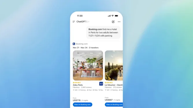 Screenshot showing a Booking.com hotel search result in ChatGPT for a hotel in Paris, with options for Zoku Paris and Le Meurice, displaying pricing and ratings.