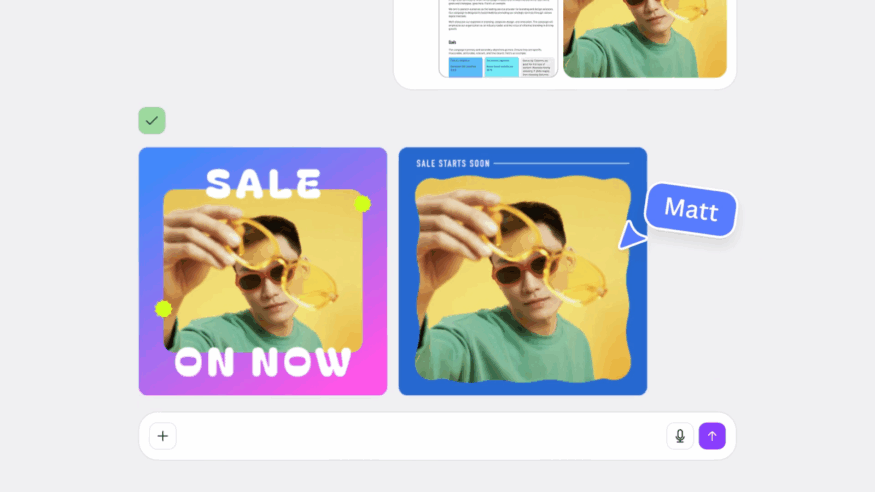 Screenshot of Canva integration in ChatGPT showing two social media post designs with text overlays for a sale, along with a comment labeled 'Matt' for further editing.