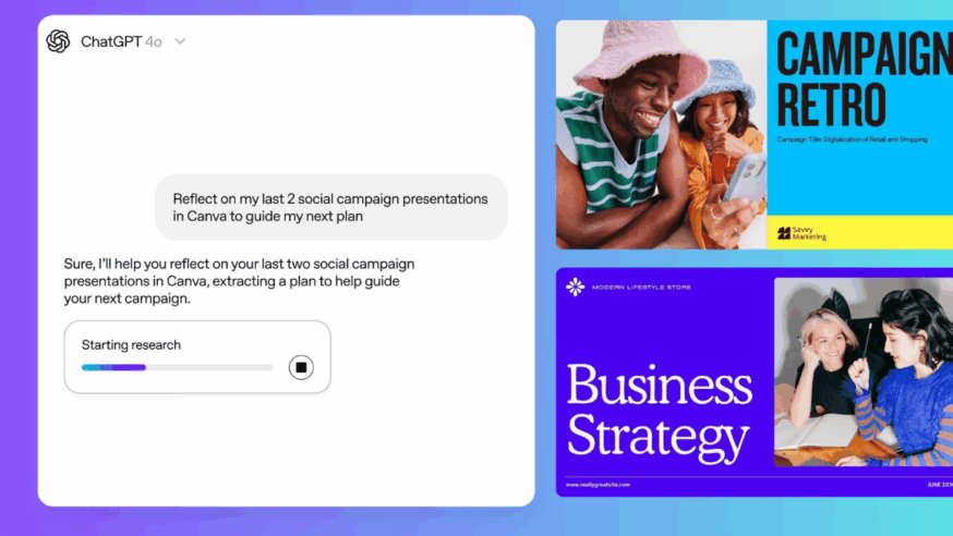 Screenshot of ChatGPT helping with social campaign reflection using Canva, displaying images of campaign presentations and a business strategy plan.