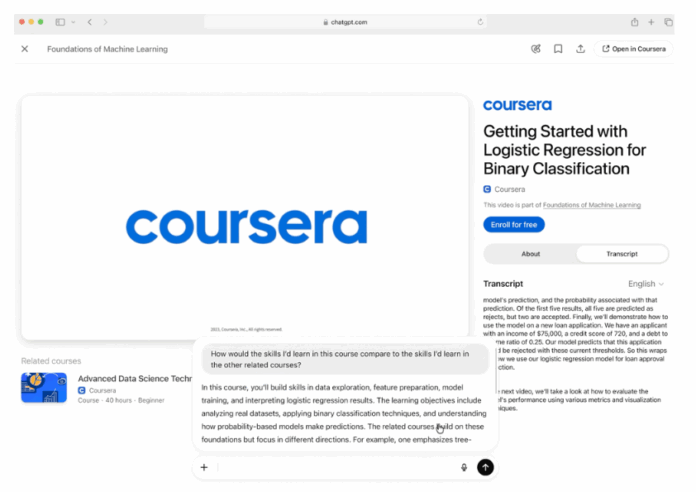 Screenshot of Coursera integration in ChatGPT showing a course on Logistic Regression for Binary Classification, with a question about comparing skills learned with related courses.