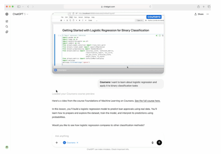 Screenshot of ChatGPT integrating with Coursera, showing a Python code preview for logistic regression and a course description on applying logistic regression to binary classification tasks.