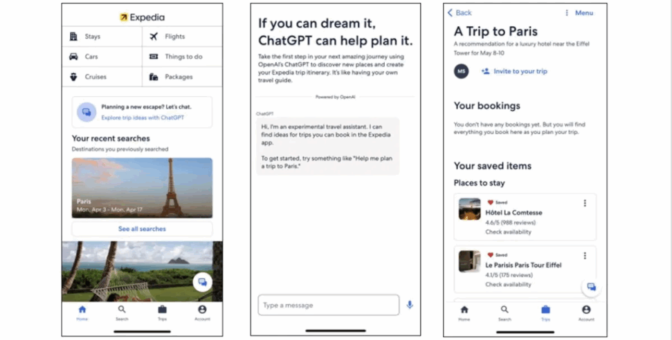 Screenshot of the Expedia app integrated with ChatGPT, showing a trip planning interface for Paris, including saved places and booking suggestions like Hôtel La Comtesse and Le Paris Paris Tour Eiffel.