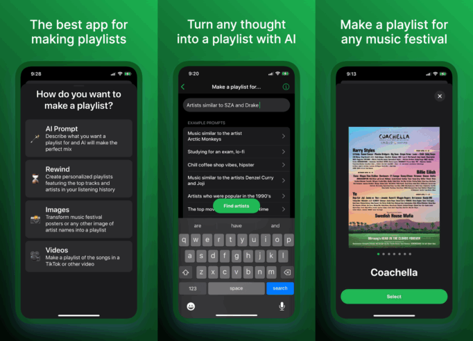 Screenshot of the Spotify app's AI-powered playlist creation feature, showing options like AI prompts, personalized playlists, and a Coachella music festival playlist featuring artists like Harry Styles and Billie Eilish.
