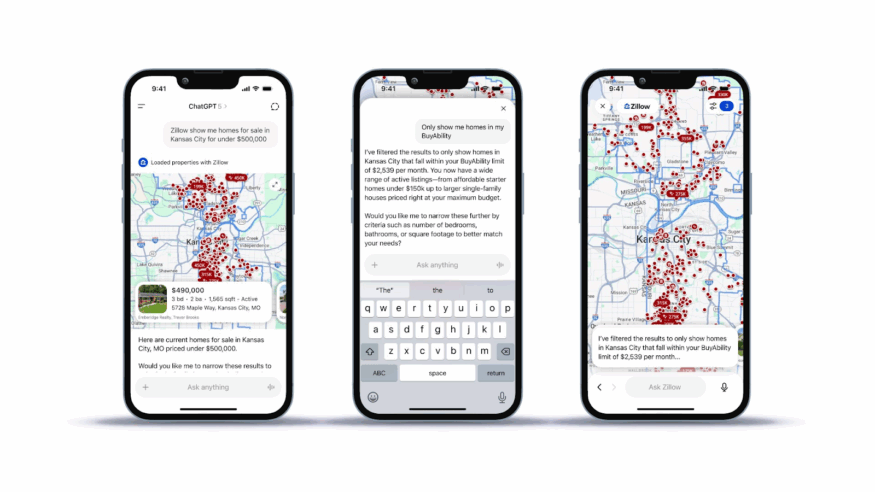 Screenshot of ChatGPT integrating with Zillow to search for homes in Kansas City under $500,000, with the ability to filter results based on budget and other criteria like bedrooms and square footage.