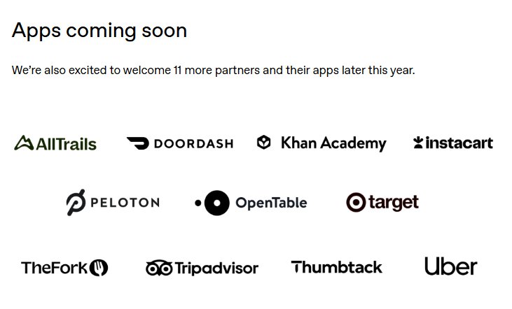 Image displaying logos of upcoming app integrations with ChatGPT, including AllTrails, DoorDash, Khan Academy, Instacart, Peloton, OpenTable, Target, TheFork, TripAdvisor, Thumbtack, and Uber.