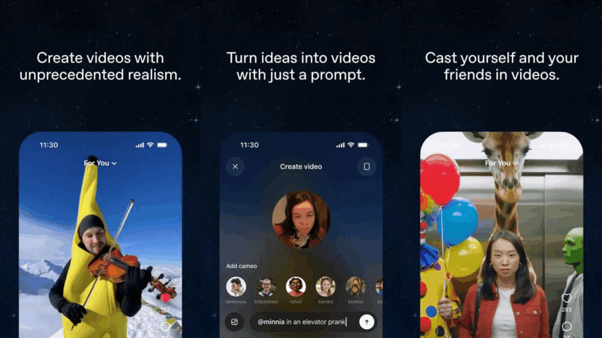 A series of three images showcasing the features of Sora 2. The first image shows a person in a banana costume playing the violin in a snowy landscape with the text "Create videos with unprecedented realism." The second image displays a user interface where a user can create a video with a prompt, titled "Turn ideas into videos with just a prompt." The third image shows a woman holding balloons with a giraffe behind her in an elevator, with the text "Cast yourself and your friends in videos." Each image demonstrates the app's features in creating personalized, realistic video content.