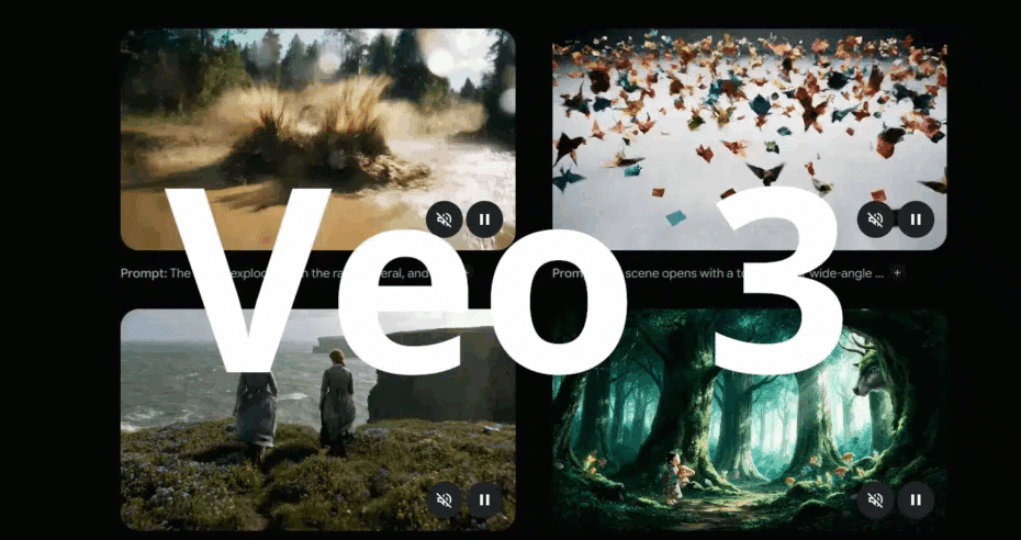 A promotional image for Veo 3, showcasing multiple cinematic scene prompts. The image displays various scenes, including an explosion, flying colorful papers, a scenic coastal view, and a mystical forest with fantasy creatures. The Veo 3 branding is overlaid in the center of the image, indicating its role in creating realistic cinematic video content through prompts.