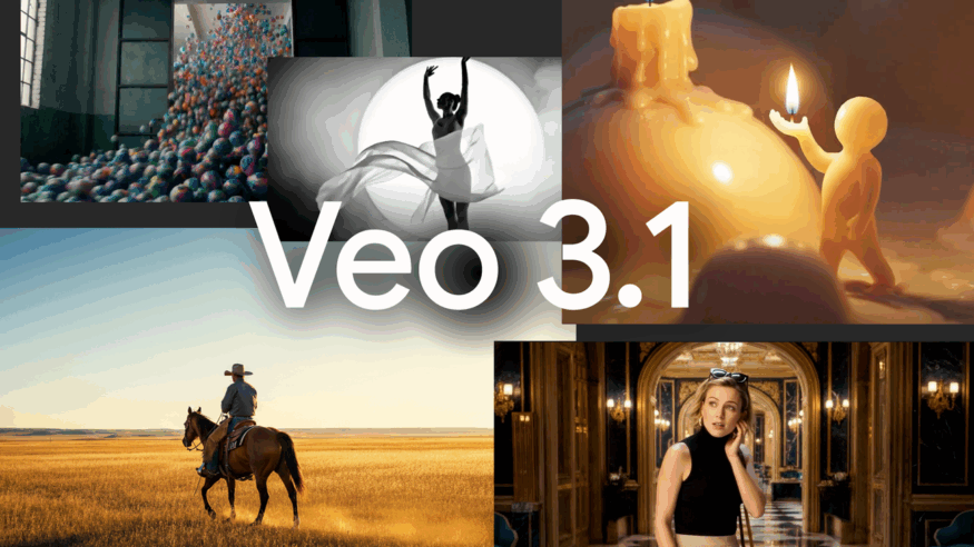 A promotional image for Veo 3.1, showcasing various creative scenes including colorful balls, a dancer in motion, a candlelit figure holding a flame, a cowboy on horseback, and a woman in an ornate hallway. The "Veo 3.1" logo is overlaid in the center, emphasizing the latest version of the app with its cinematic scene creation capabilities.