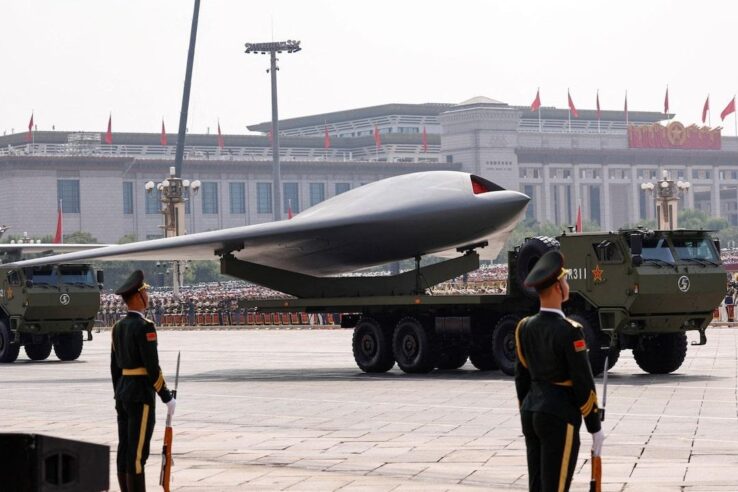 Chinese military parade showcasing an unmanned aerial vehicle (UAV) mounted on a military truck, highlighting China’s advanced drone capabilities.