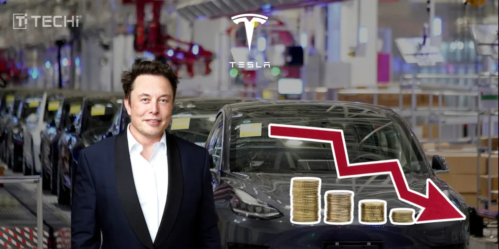 Elon Musk in front of Tesla cars with a downward financial graph indicating sales decline.