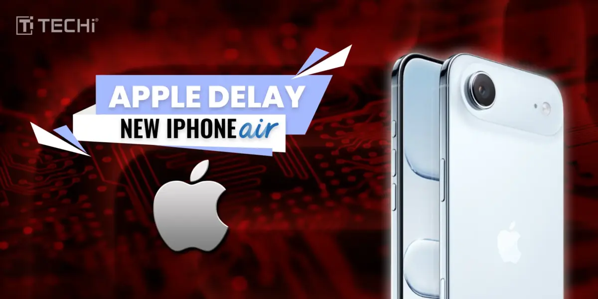 Apple delays the release of the new iPhone Air model, showcasing the iPhone Air with Apple logo on a red tech background.