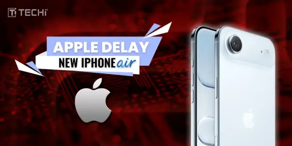Apple delays the release of the new iPhone Air model, showcasing the iPhone Air with Apple logo on a red tech background.