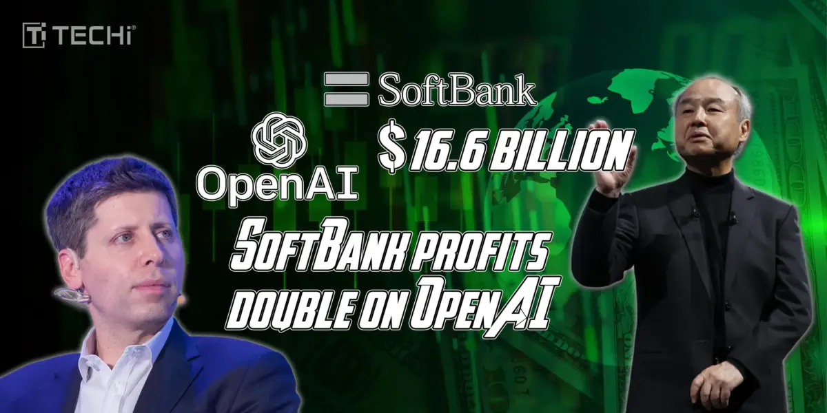 SoftBank's profits surge to $16.6 billion, driven by OpenAI investments, featuring images of Sam Altman (OpenAI CEO) and Masayoshi Son (SoftBank CEO) with financial graphics in the background.