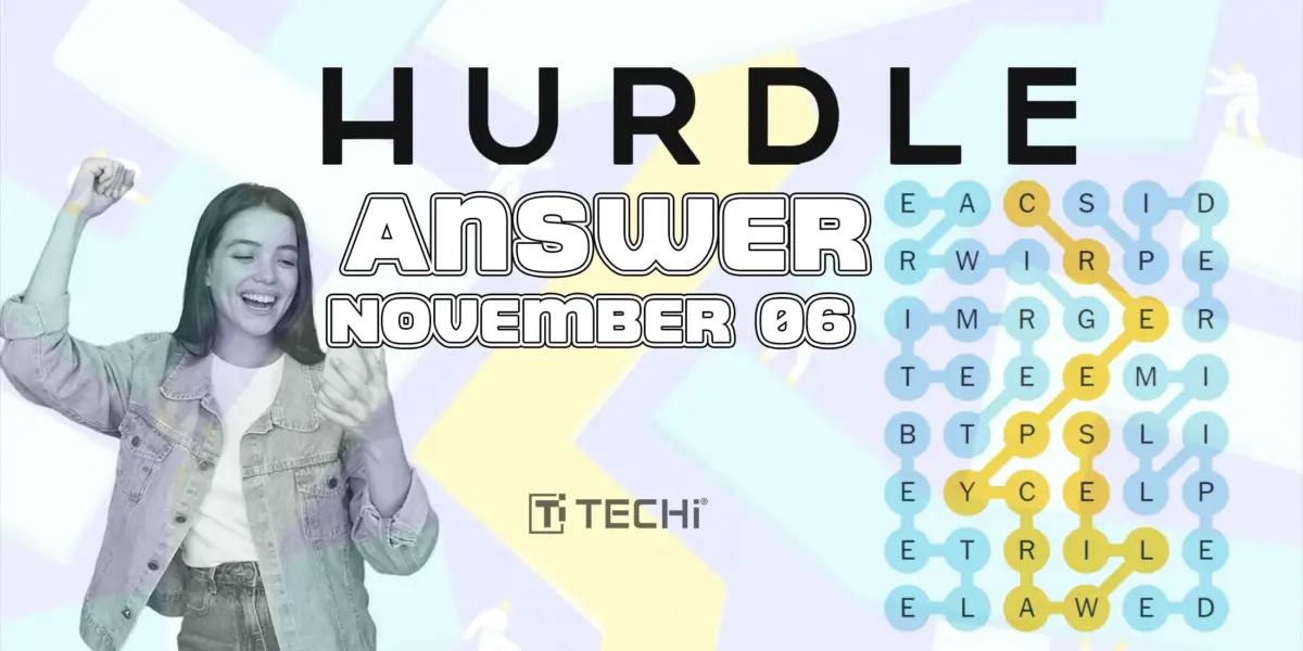 Hurdle game answer and hints for November 6, 2025, with a woman celebrating while checking her phone and colorful word grid in the background.