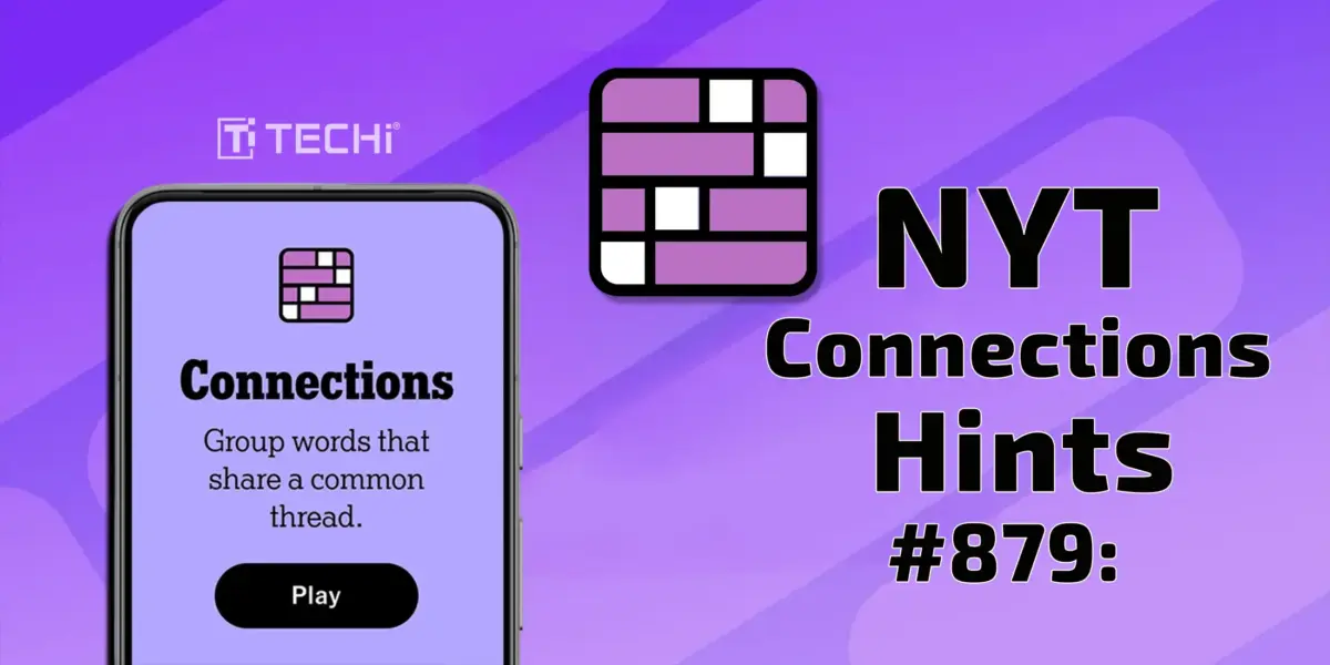 Graphic showing the NYT Connections game logo and text reading “NYT Connections Hints #879” with a smartphone screen displaying the game interface on a purple background.