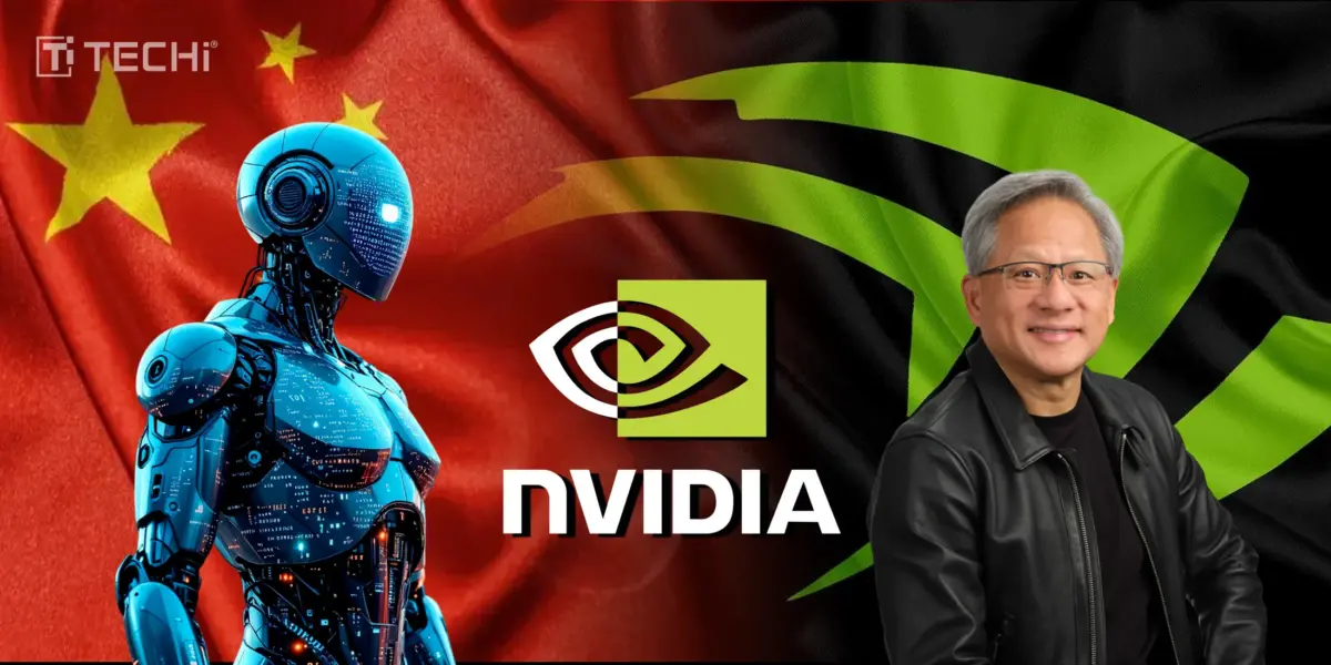 Nvidia CEO Jensen Huang with a futuristic AI robot in front of China and Nvidia flags, representing the China-US competition in artificial intelligence and Nvidia’s global AI strategy.
