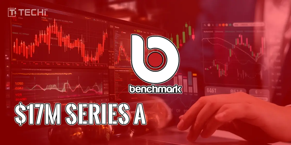 A chart showing cryptocurrency trading data with the Benchmark logo and the text "$17M Series A" highlighting their investment in the Fomo trading app.