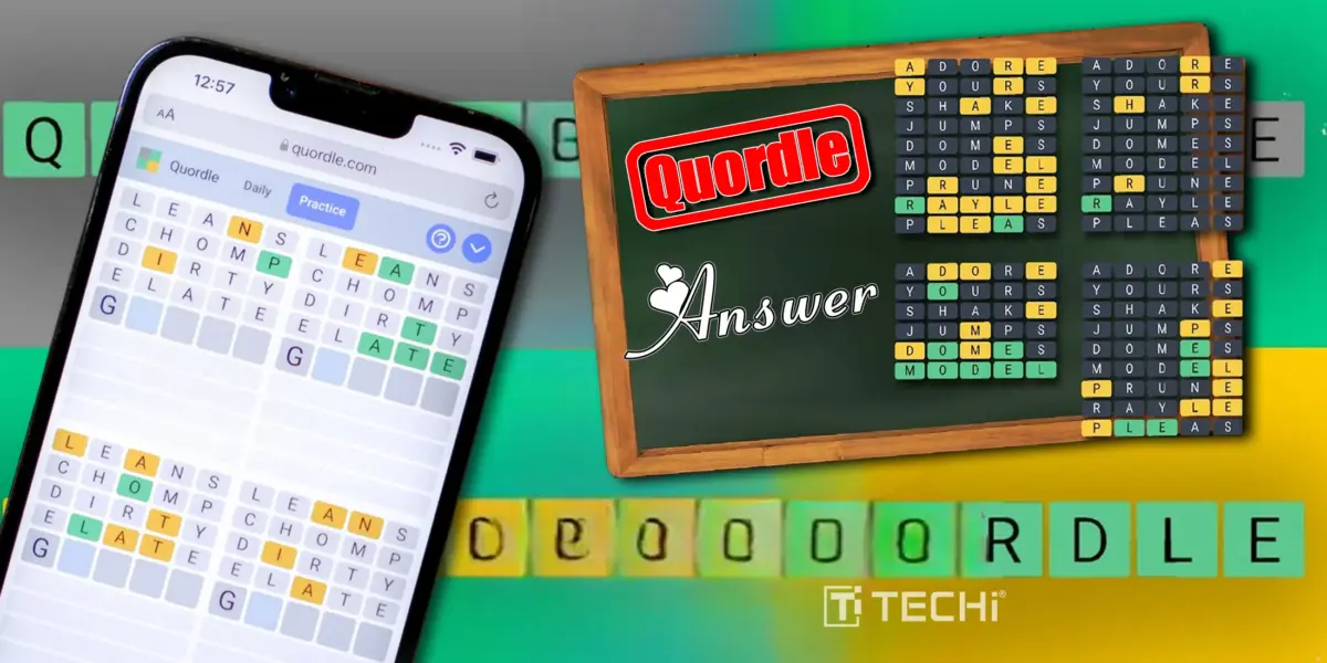 Quordle answers displayed on a smartphone and chalkboard with colorful green and yellow background.