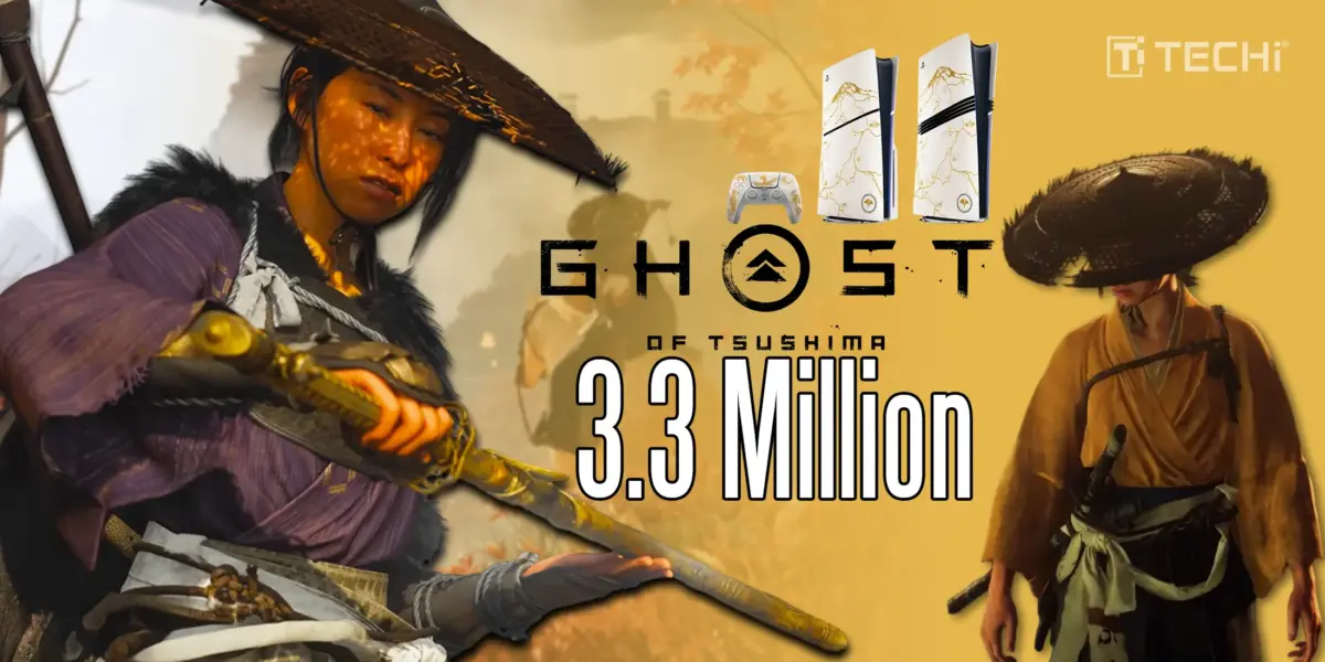 Ghost of Yotei's successful debut with 3.3 million copies sold in its first month, featuring gameplay images and promotional materials for the game and PS5 console.