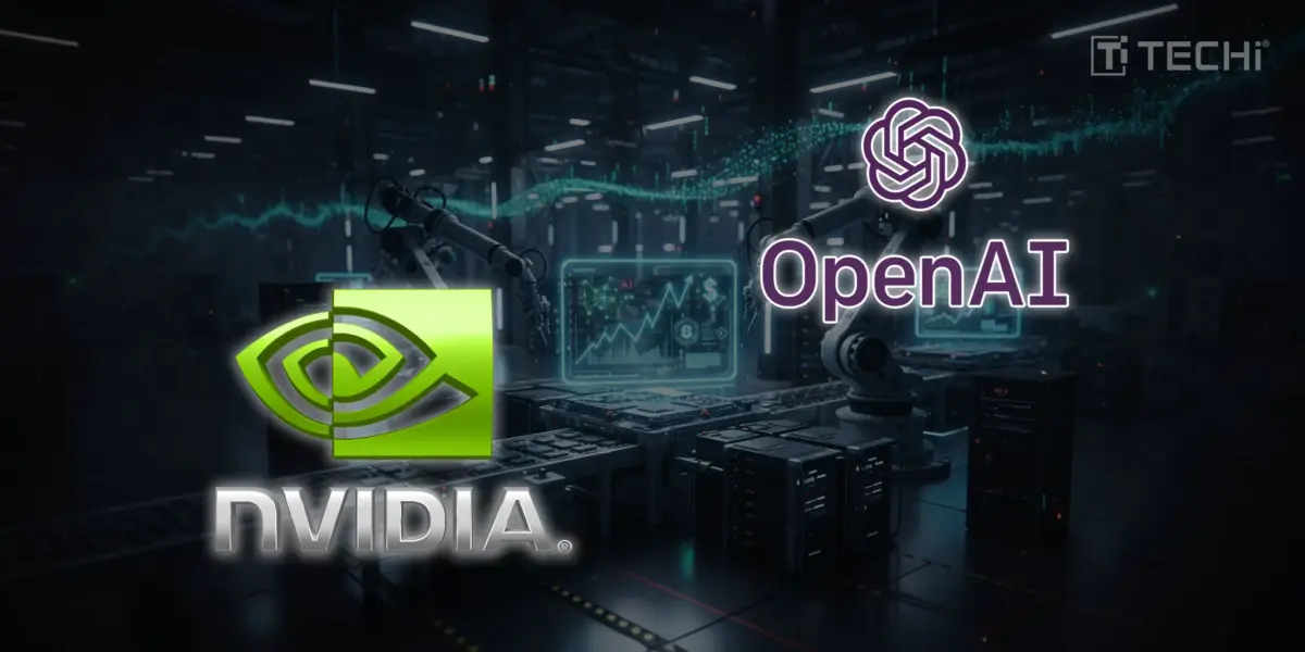 Nvidia and OpenAI logos against a futuristic AI background, representing their collaboration in advancing artificial intelligence.
