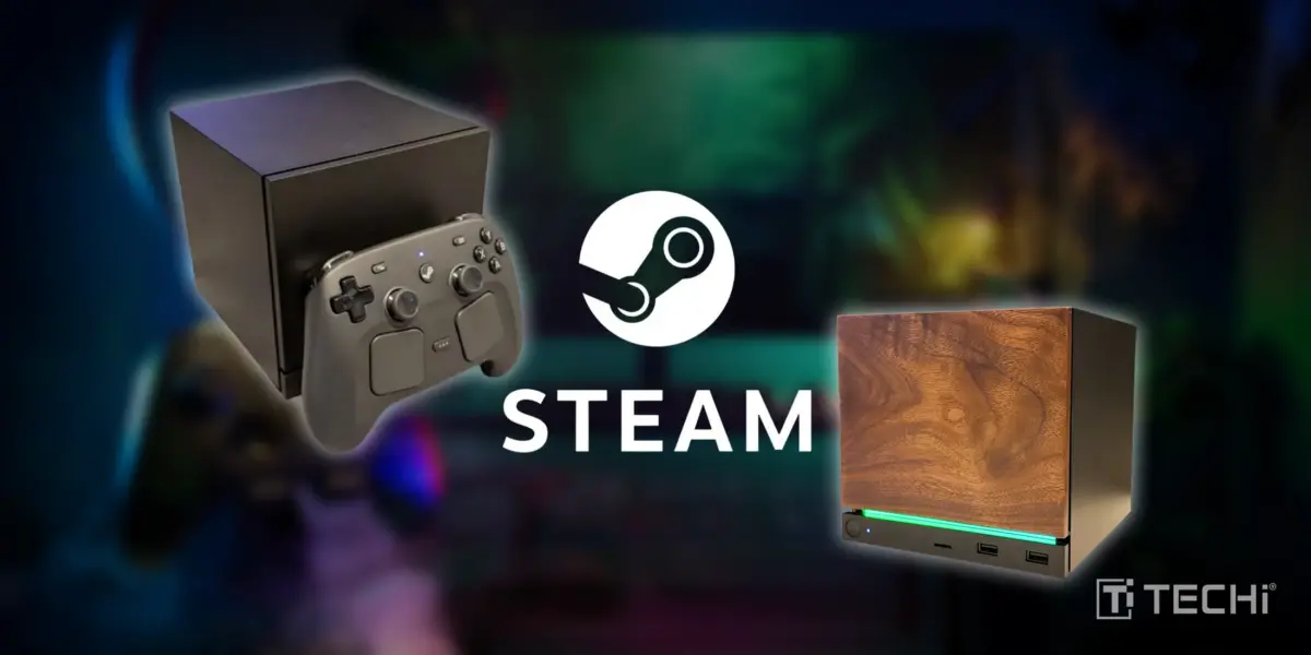 Valve Steam Machine with controller, showcasing a compact 4K gaming console design with Steam branding.