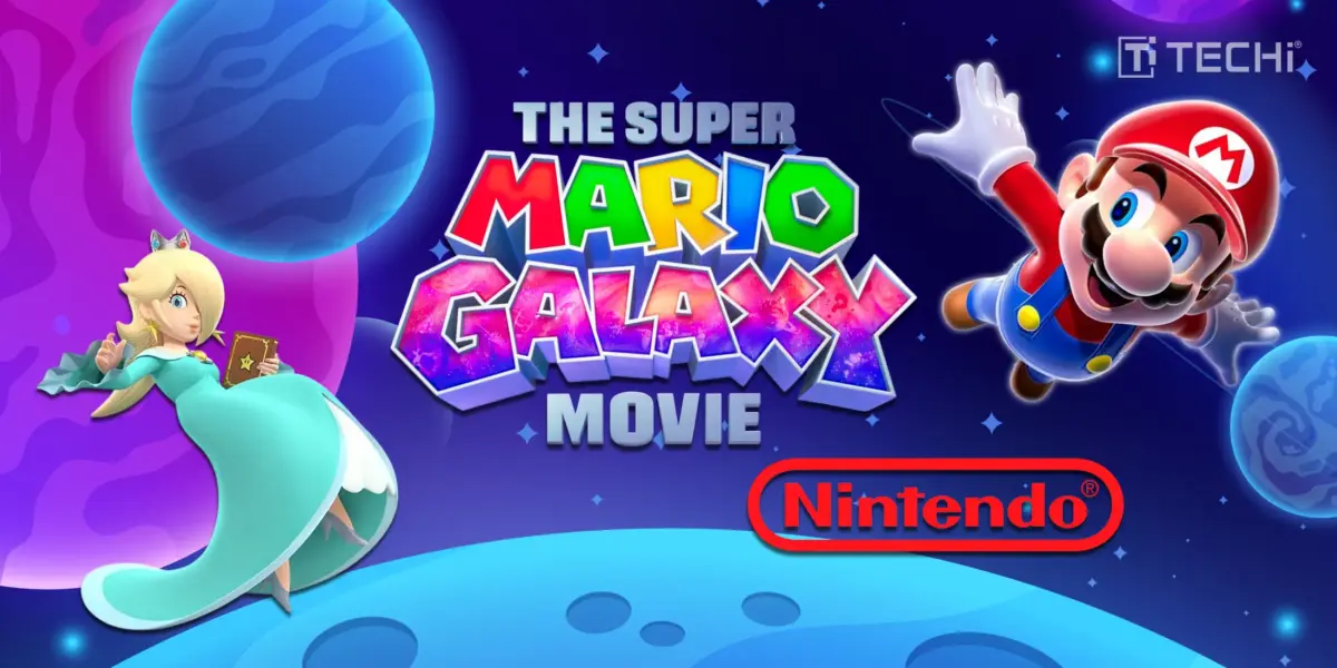 Super Mario Galaxy Movie poster featuring Mario flying through space with Princess Rosalina on a cosmic backdrop, with the Nintendo logo at the bottom.