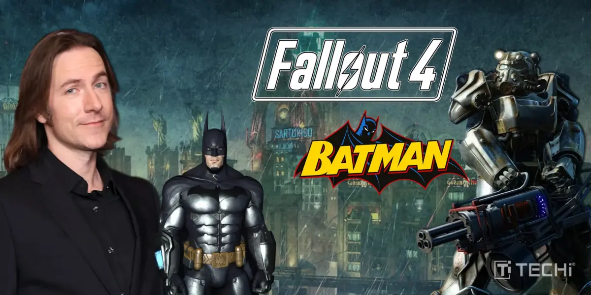 Matt Mercer in front of iconic scenes from Fallout 4 and Batman Arkham Origins, representing his roles in these games and his character Shroud in Dispatch.