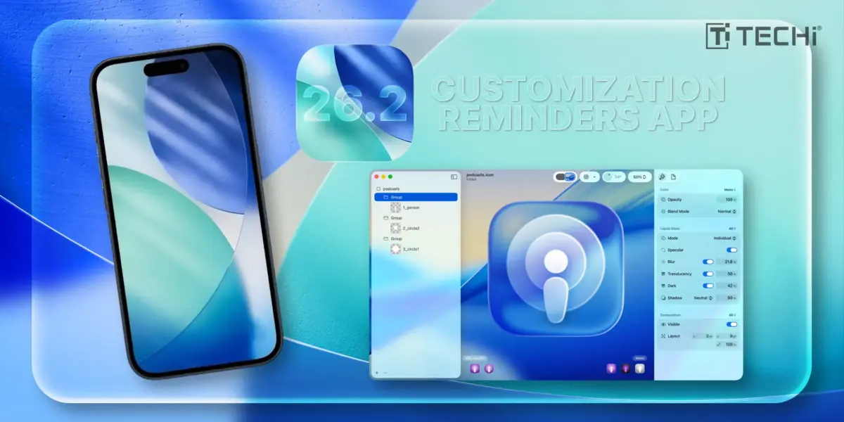 iOS 26.2 beta features showing Liquid Glass customization for Lock Screen, and the Reminders app with new alarm integration, highlighting iPhone's personalized and smarter updates.
